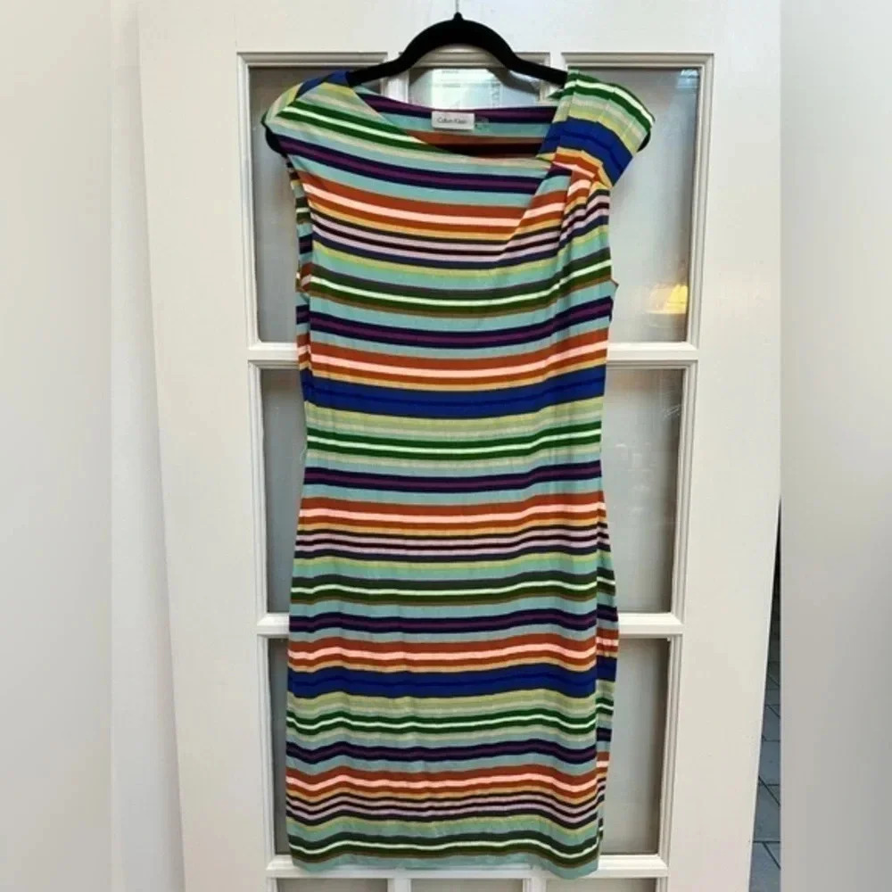 Calvin Klein Y2K Chic Multicolor Lightweight Stripe Classic Dress Size 8 Medium - Picture 1 of 7